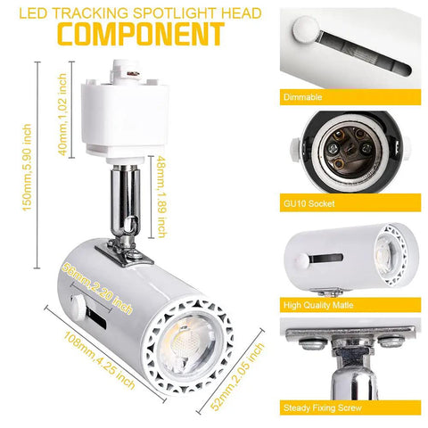 Dimmable H Track Lighting Heads With Adjustable 330 Degree Rotation And 90 Degree Tilt For Precise Accent Lighting, CRI 90 Plus LED Track Fixtures, 4000K Daylight, 120V Halo Type, White, 10 Pack, highlighting dimensions and features.
