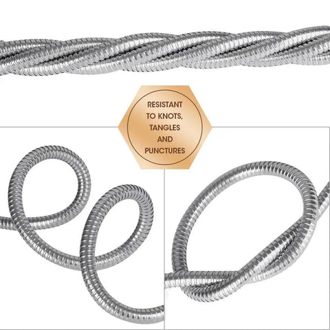 Stainless Steel Metal Garden Hose 75 Ft Flexible No Kink Water Hose shown coiled and resistant to punctures