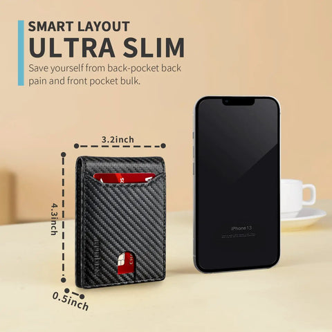 Ultra Slim Leather RFID Blocking Bifold Wallet next to smartphone showing pocket-friendly size comparison
