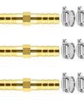 Three Piece Brass Hose Barb Splicer Mender Kit with Six Stainless Steel Pipe Clamps for Water Fuel and Air One Quarter Inch Barb Fittings