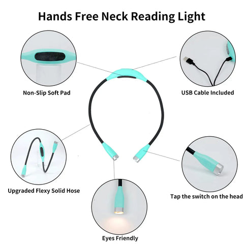Green Neck Reading Light Hands Free For Cozy Bedside Reading with flexible neck, non-slip pads, USB cable, and amber light