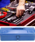 Heavy Duty Iron Toolbox With Extended Telescopic Handle Built Tough For Working Crews And Weekend Home Repair Tasks Blue Metallic Storage Container on a workbench with tools.