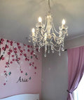 Original Brink House 5 Light Crystal White Chandelier, Hardwired Flush Mount Ceiling Light With White Metal Frame in bedroom.