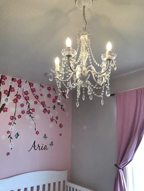 Original Brink House 5 Light Crystal White Chandelier, Hardwired Flush Mount Ceiling Light With White Metal Frame in bedroom.