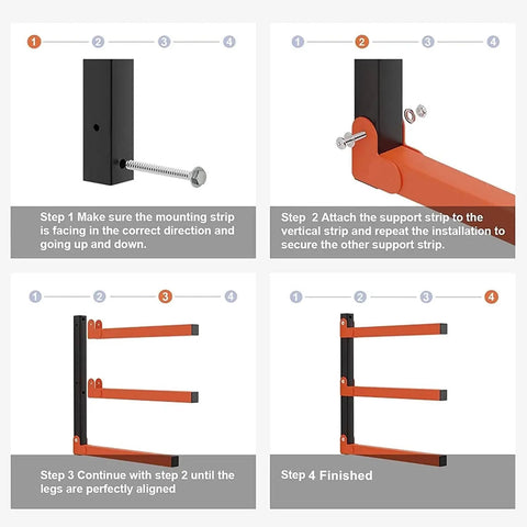 Installation steps for Overhead Wall Mount Lumber Rack For Garage And Woodworking Shop Heavy Duty Wood Storage Shelf with steel brackets.