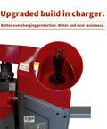 Tory 4400 Lb Electric Pallet Jack Truck With 48 By 27 Forks showing upgraded built-in charger with plug, enhanced overcharging protection.