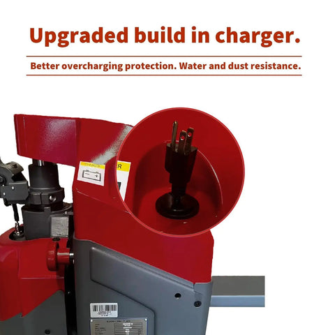 Tory 4400 Lb Electric Pallet Jack Truck With 48 By 27 Forks showing upgraded built-in charger with plug, enhanced overcharging protection.