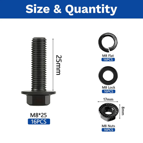 16 Piece M8 x 25mm Flange Head Bolts Kit With Serrated Flange Nuts And Washers In Carbon Steel Black Oxide Finish Full Thread Fasteners Set