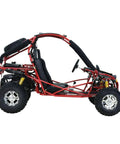 Side view of Red Off Road Go Kart with 8.3 kW 4 Stroke Air Cooled Engine, CVT Transmission, single cylinder, rugged mini racer style.