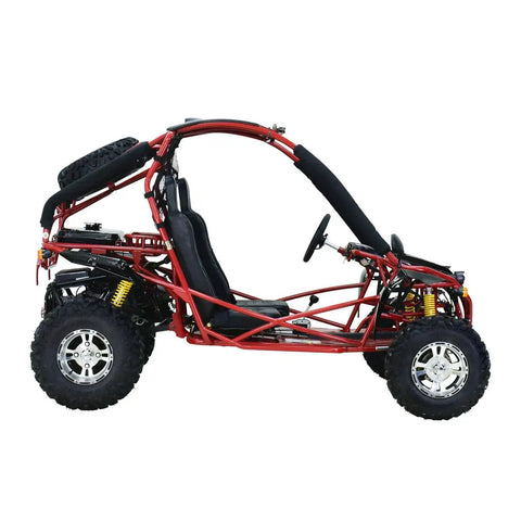 Side view of Red Off Road Go Kart with 8.3 kW 4 Stroke Air Cooled Engine, CVT Transmission, single cylinder, rugged mini racer style.