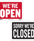 Open And Closed Sign 12x16 Inch Double Sided Vinyl Sign For Storefronts Offices Restaurants Bars Shops Waterproof Indoor Signage With Bold Lettering No Sweat For Window Doors Front Desk And Lobbies 1 Pack showing 'We're Open' in red and 'Sorry We're Closed' in black
