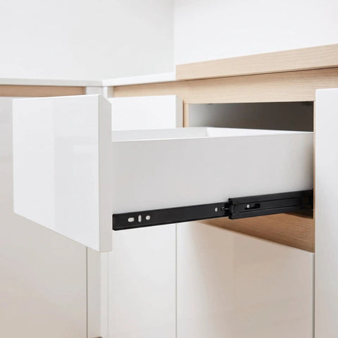 Heavy Duty Bottom Mount Drawer Slides With Soft Close Design Robust Replacement Cabinet Rails forged from tough metal in a modern cabinet.