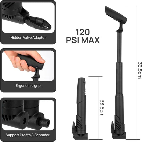 All In One Bike Repair Kit With Pump And LED Light, 16 In 1 Portable Tool Bag showing 120 PSI bike pump with ergonomic grip