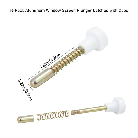 Heavy Duty Aluminum Window Screen Plunger Latches 16 Pack With Caps showing white caps and gold springs for secure locking.