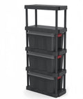 5 Tier Freestanding Plastic Storage Shelving Unit gets you hella organized, showcasing a rugged polypropylene build with three black bins.