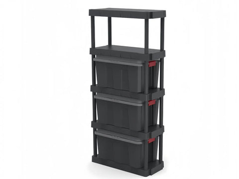 5 Tier Freestanding Plastic Storage Shelving Unit gets you hella organized, showcasing a rugged polypropylene build with three black bins.