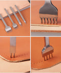 Leather Punch Kit For DIY Leathercraft, 4mm Hole Punch Set With 1 2 4 6 Teeth, Pro Grade High Speed Steel Prong Chisel shown on leather