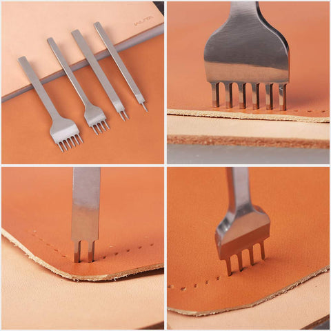 Leather Punch Kit For DIY Leathercraft, 4mm Hole Punch Set With 1 2 4 6 Teeth, Pro Grade High Speed Steel Prong Chisel shown on leather