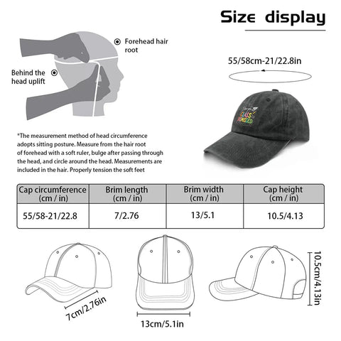 Washed Distressed Low Profile Baseball Cap For Men displaying size and fit guide, adjustable buckle strap, comfy fit for everyday wear