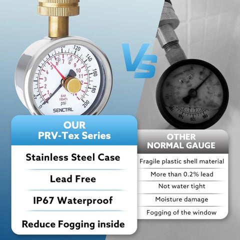Front view of SENCTRL 2.5-inch stainless steel water pressure gauge with 0–200 psi and 3/4 inch garden hose thread.