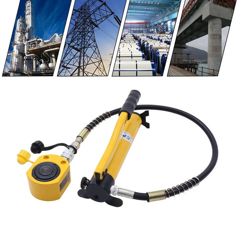 Hydraulic cylinder jack, yellow, 20-ton capacity, manual pump with hose, portable low-profile multi-section jack