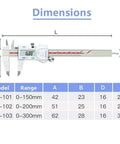 Digital Caliper 0.01mm, Stainless Steel, Diameter Depth showing precise measurement readings and dimensions table
