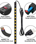Heavy Duty Surge Protector With 12 Wide Spaced Outlets And 15 Foot Extension Cord Mounting Brackets 15A Circuit Breaker 1800 Joules Of Protection EMI Filter Perfect For Home Office And Bulky Charger And Transformer Setups, power switch and plug details