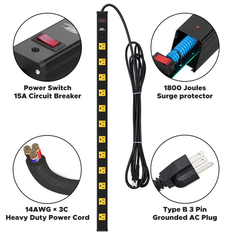Heavy Duty Surge Protector With 12 Wide Spaced Outlets And 15 Foot Extension Cord Mounting Brackets 15A Circuit Breaker 1800 Joules Of Protection EMI Filter Perfect For Home Office And Bulky Charger And Transformer Setups, power switch and plug details