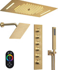 GRANDJOY 23" LED Shower System with Handheld Spray, Brushed Gold, featuring ceiling shower head, handheld sprayer, and remote control.