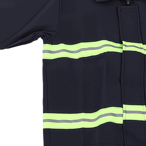 Close-up of Heavy Duty Fire Retardant Work Suit With Aramid Insulation And High Visibility Design featuring reflective strips.