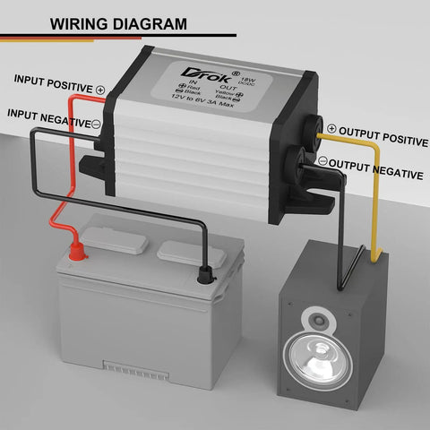 Wiring diagram showing Beefy Waterproof 12V To 6V Buck Converter For DIY Projects And Marine Electronics with battery and speaker connection.