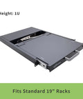 Top Shelf 1U Rackmount Kvm Console With Integrated 19 Inch Monitor Full Size Keyboard Touchpad And Four Port Hdmi Switch for standard 19 inch racks.