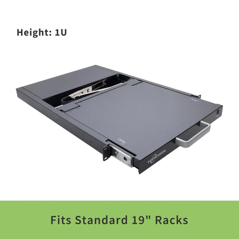 Top Shelf 1U Rackmount Kvm Console With Integrated 19 Inch Monitor Full Size Keyboard Touchpad And Four Port Hdmi Switch for standard 19 inch racks.