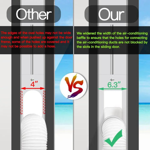 Comparison of Portable AC Window Vent Kit With Adjustable 26 To 47 Inch Fit Universal Five Point One Inch And Five Point Nine Inch Coupler Weather Stripping Seals No Hassle Install For Most Portable Air Conditioners And Windows demonstrating different baffle widths, 4 inch vs 6.3 inch, for air duct fit.