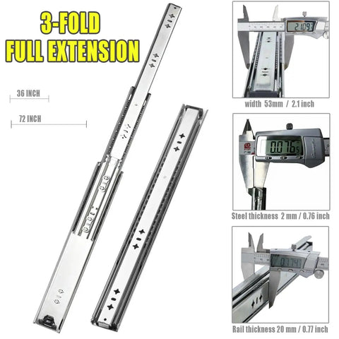 Built Tough Heavy Duty 36 Inch Full Extension Drawer Slides With Ball Bearing Rails, 300 Pound Capacity, Steel Construction For Smooth, Effortless Drawer Operation On Heavy Load Cabinets, 3-fold slide