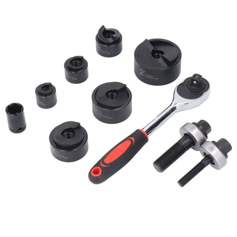 Ratchet Knockout Hole Punch Driver Kit For Pros with six punch sizes and handle for metal sheets, industrial projects, handcrafts, and furniture.
