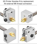 Four images of Eight 0.6mm MK8 Extruder Nozzles for 3D Printers, compatible with Ender 3, Ender 5, CR 10, MakerBot, Anet A8