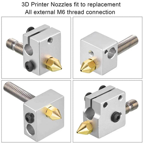 Four images of Eight 0.6mm MK8 Extruder Nozzles for 3D Printers, compatible with Ender 3, Ender 5, CR 10, MakerBot, Anet A8