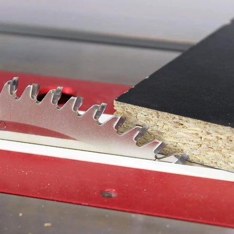 10 Inch Ultra Smooth Crosscut Saw Blade With 80 Teeth, Five Eighths Inch Bore, cutting through engineered wood
