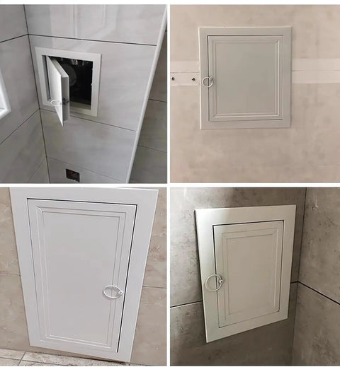 Heavy Duty Drywall Access Panel With Smooth Operating Handle Recessed Metal Wall Hole Cover For Indoor Hvac Ducts And Attic Laundry Sleek Aluminum Service Door 36 By 40 Inches No Sweat Install, displayed in four angles.