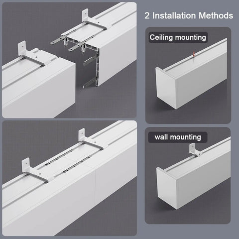 All In One Curtain Pelmet Box With Blackout Double Curtain Track For Ceiling Or Wall Mount, Easy Install Aluminum Rail Cover Box Frame Valance For Windows In Bedroom Or Office, Heavy Duty Dual Rails With Stopper And Pulley For Smooth Operation. Ceiling mounting and wall mounting shown