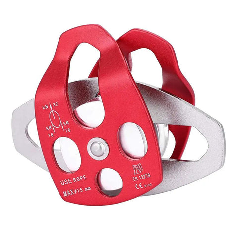 Close-up of Single Swivel Rope Pulley Block For Rock Climbing and Hauling, Heavy Duty Aluminum Magnesium Alloy Sheave, 32 kN Load
