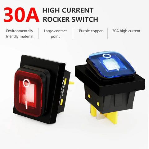 Heavy Duty 30A IP65 Waterproof Toggle Rocker Switch 12-24V LED On Off DPST Snap-In Mount showing red and blue switches