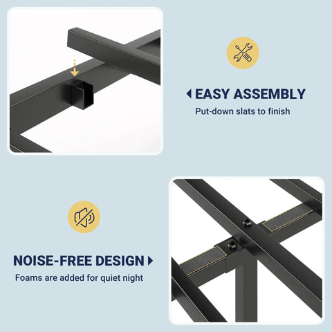 Easy assembly and noise-free design of Rock Solid Queen Size Metal Platform Bed Frame With Victorian Scrollwork Headboard.