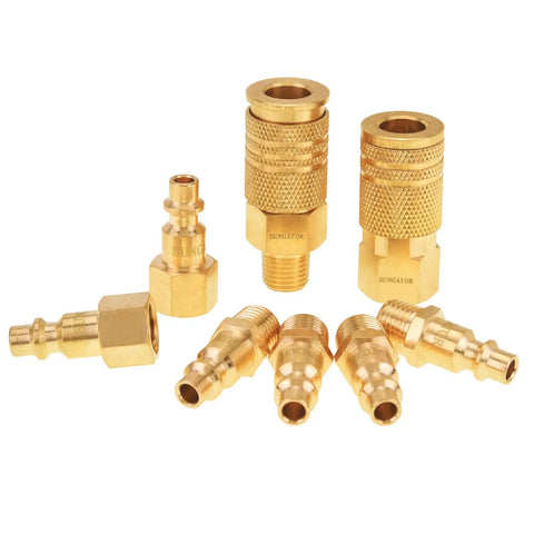 Eight Piece Quarter Inch NPT Brass Air Compressor Fittings Quick Connect Kit For Easy Hookups And Hose Repair Coupler And Plug Set