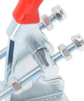 Heavy Duty Iron 2 Pack Quick Release Toggle Latch Clamps close-up showing red handle and metallic components for secure locking.