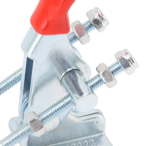 Heavy Duty Iron 2 Pack Quick Release Toggle Latch Clamps close-up showing red handle and metallic components for secure locking.