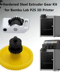 Heavy Duty Hardened Steel Extruder Gear Kit for P2S with integrated shaft shown alongside Bambu Lab P2S 3D Printer.