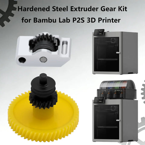Heavy Duty Hardened Steel Extruder Gear Kit for P2S with integrated shaft shown alongside Bambu Lab P2S 3D Printer.