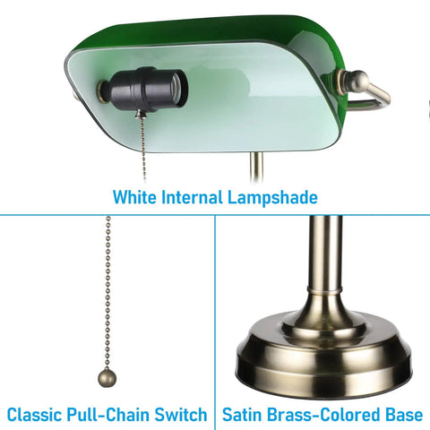 Green Glass Bankers Desk Lamp With Brass Base, Vintage Banker Style Library Light, Pull Chain Switch, E26 Compatibility
